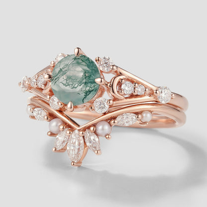 Moss Agate Moon Engagement Ring Moissanite And Pearl Wedding Band 2pcs