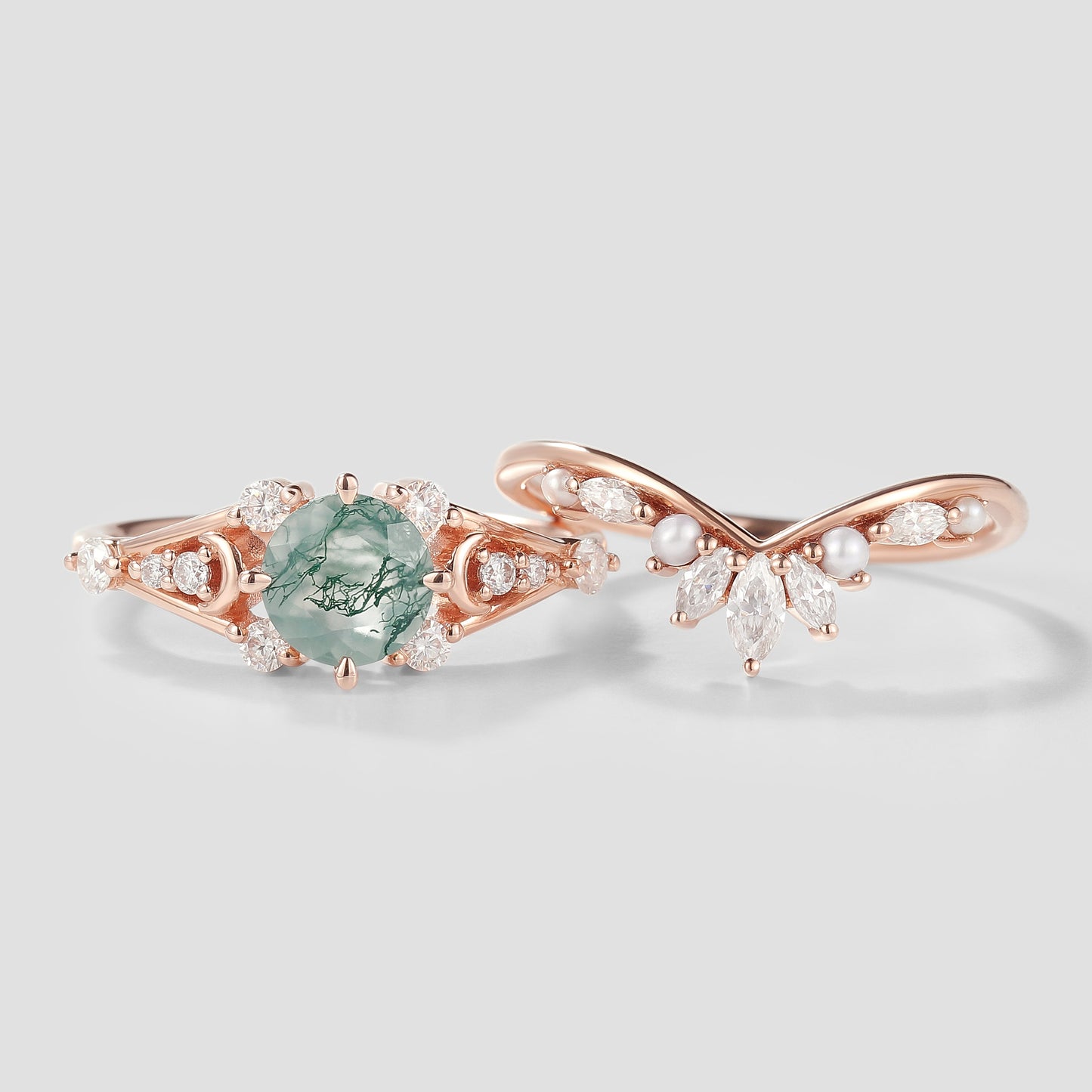 Moss Agate Moon Engagement Ring Moissanite And Pearl Wedding Band 2pcs