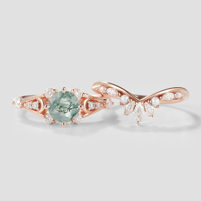 Moss Agate Moon Engagement Ring Moissanite And Pearl Wedding Band 2pcs