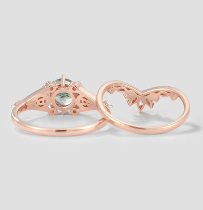 Moss Agate Moon Engagement Ring Moissanite And Pearl Wedding Band 2pcs