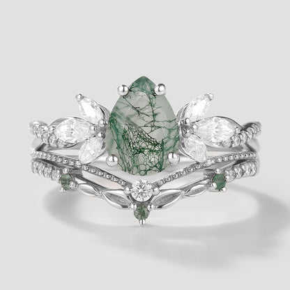 Pear Cut Moss Agate Engagement Ring Leaf Chevron Wedding Band 2pcs