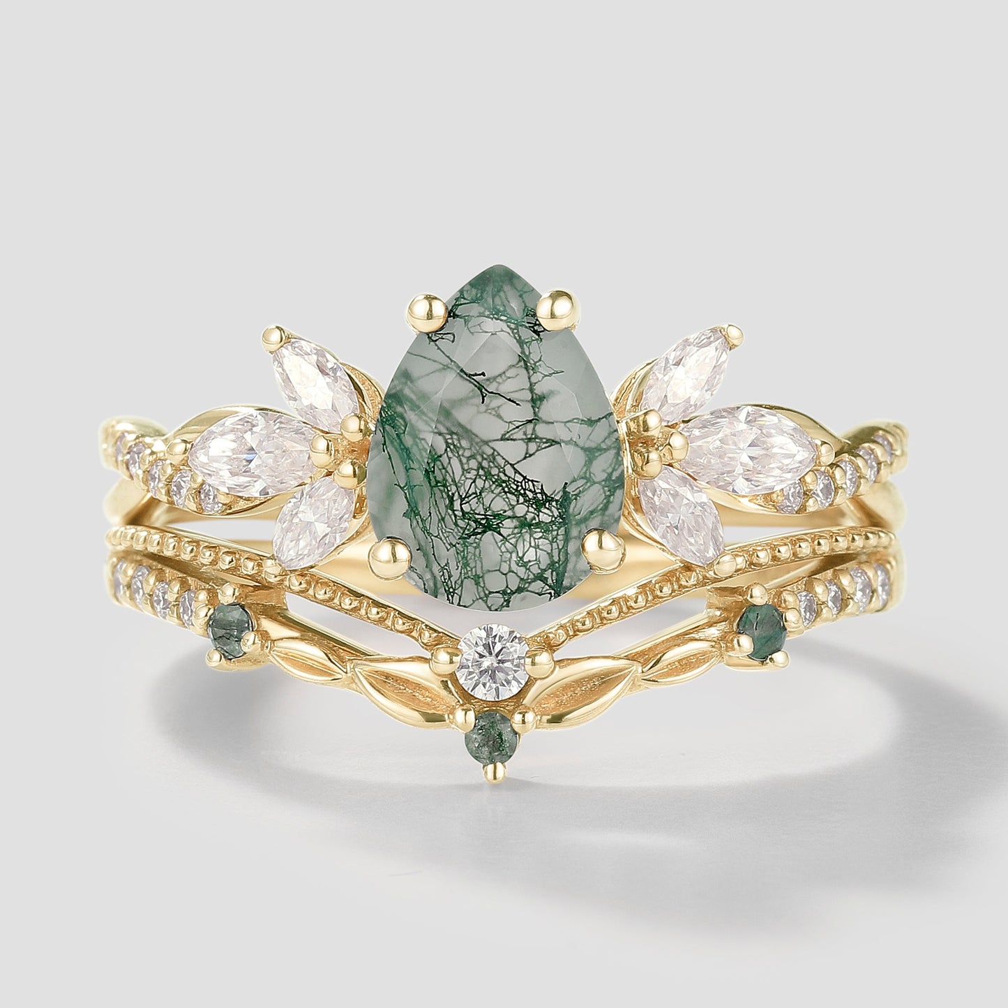 Pear Cut Moss Agate Engagement Ring Leaf Chevron Wedding Band 2pcs