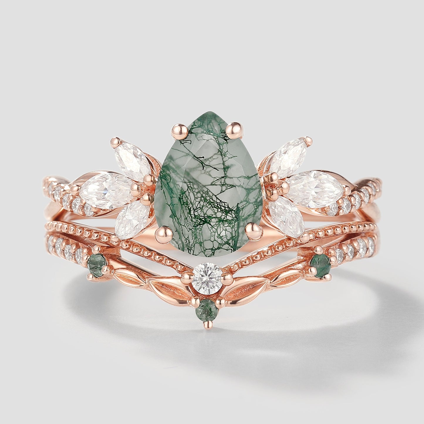 Pear Cut Moss Agate Engagement Ring Leaf Chevron Wedding Band 2pcs