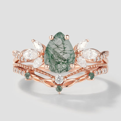 Pear Cut Moss Agate Engagement Ring Leaf Chevron Wedding Band 2pcs