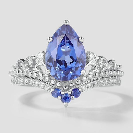 Vintage Lab Cornflower Sapphire Engagement Ring Set 2pcs