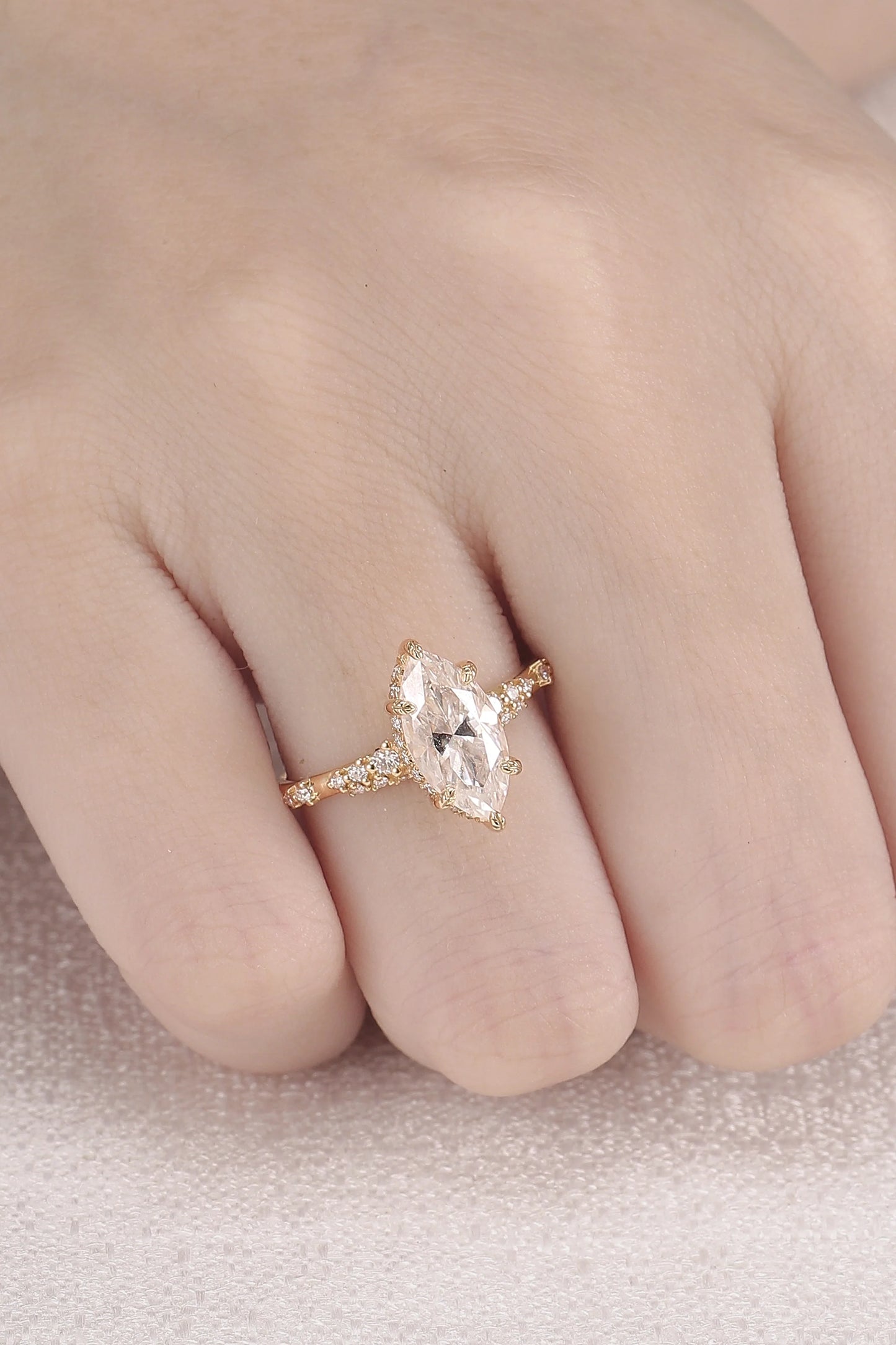 Leaf Claw Inlay Marquise Cut Moissanite Gemstone Ring