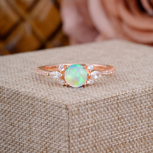 Round Cut Opal Cluster Engagement Ring 6-Prong Setting