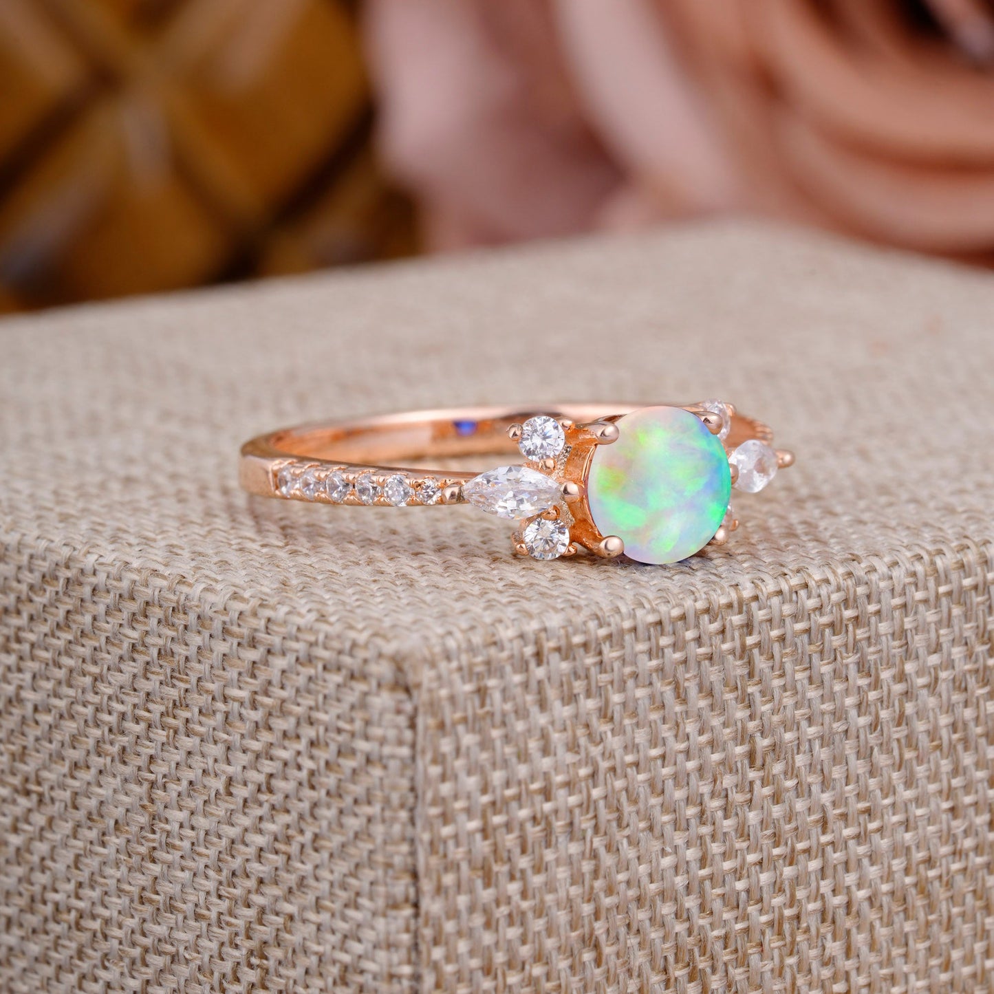 Round Cut Opal Cluster Engagement Ring 6-Prong Setting