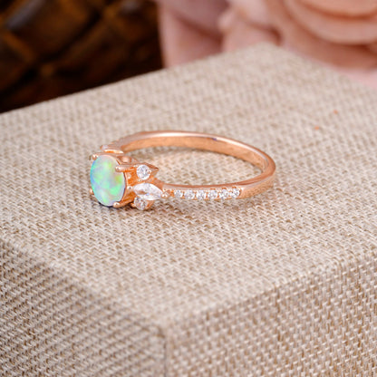 Round Cut Opal Cluster Engagement Ring 6-Prong Setting