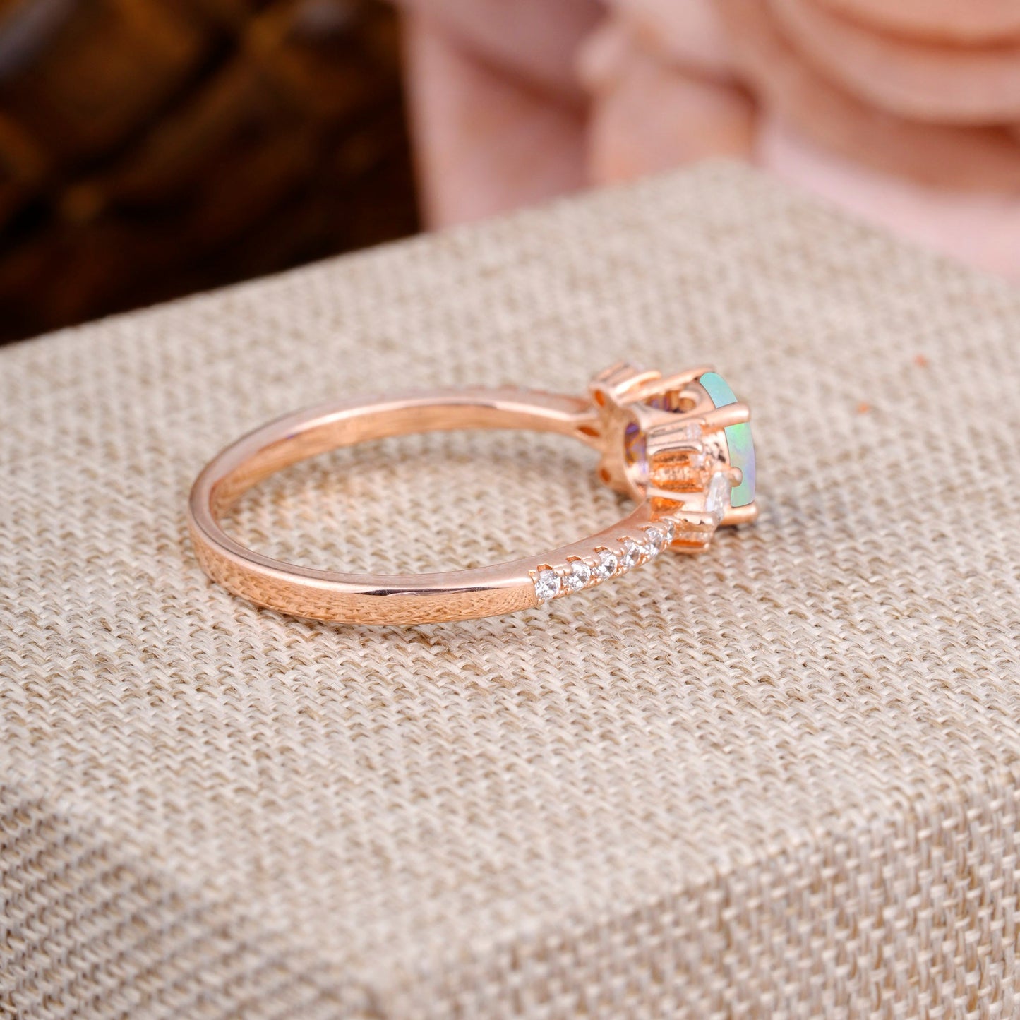 Round Cut Opal Cluster Engagement Ring 6-Prong Setting