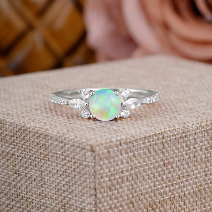 Round Cut Opal Cluster Engagement Ring 6-Prong Setting
