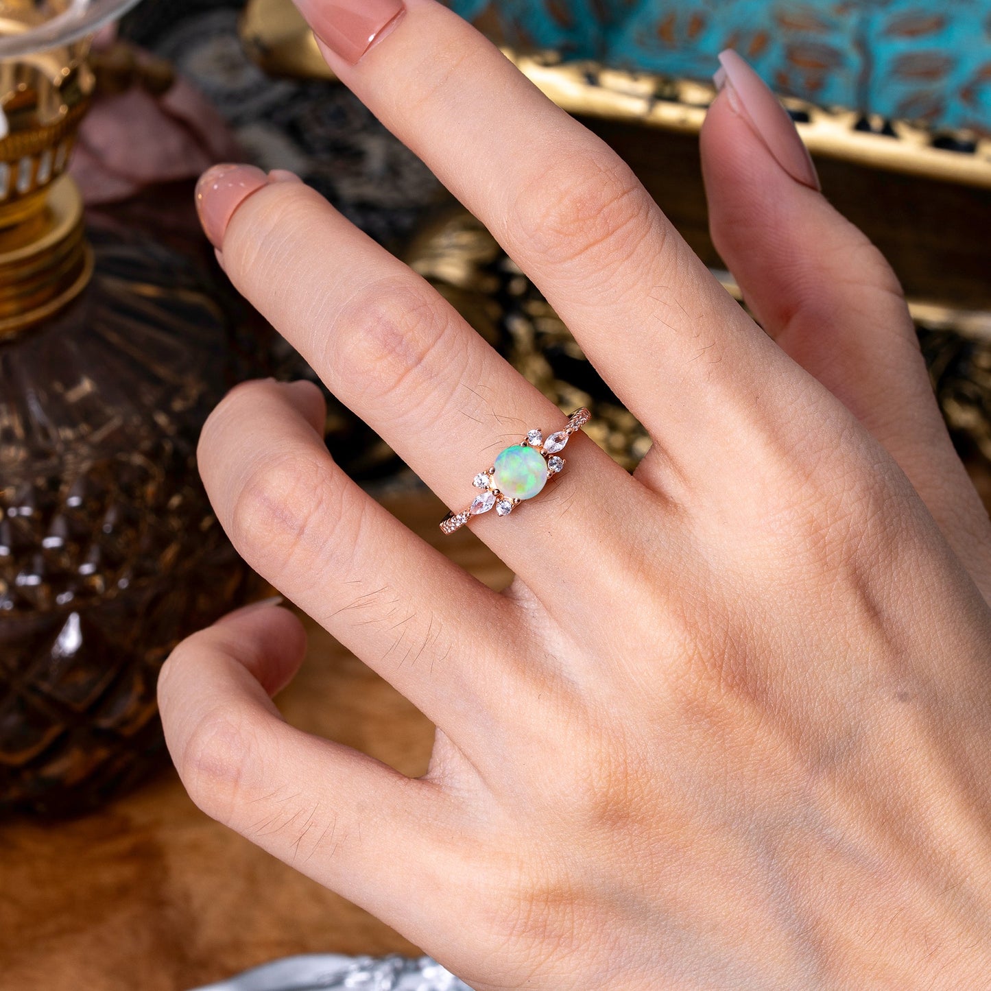 Round Cut Opal Cluster Engagement Ring 6-Prong Setting