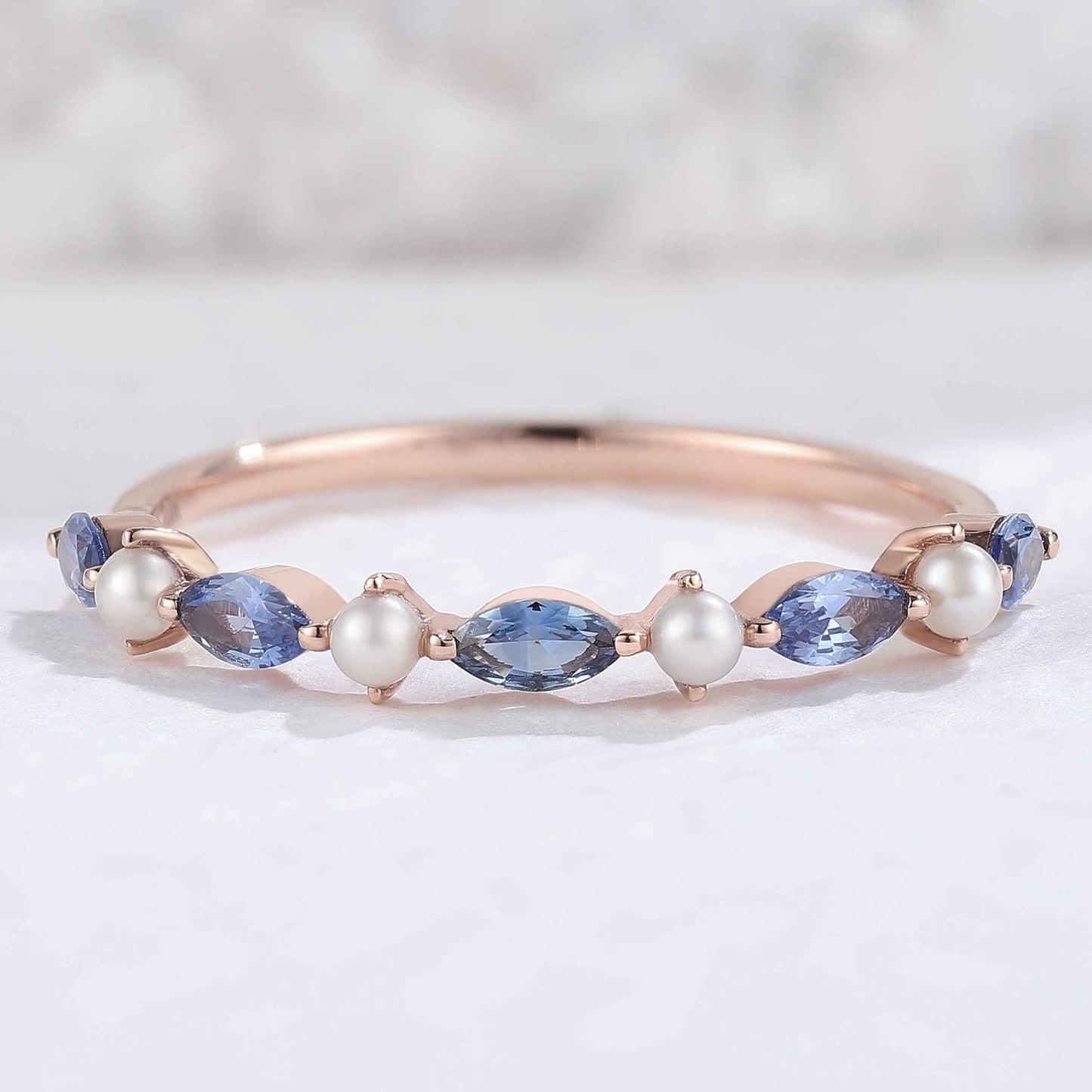 Marquise Cut Cornflower Sapphire Pearl Silver Stacking Ring