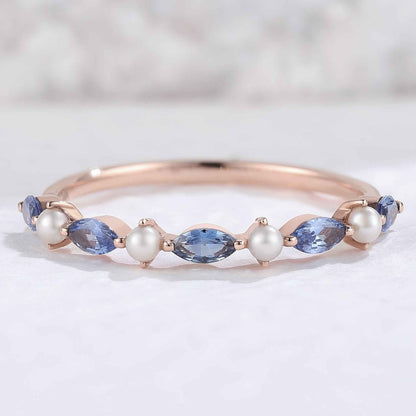 Marquise Cut Cornflower Sapphire Pearl Silver Stacking Ring