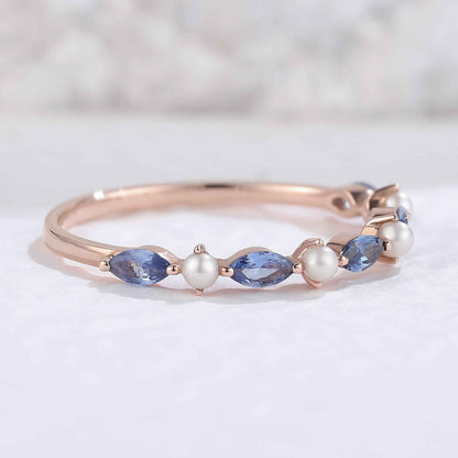 Marquise Cut Cornflower Sapphire Pearl Silver Stacking Ring