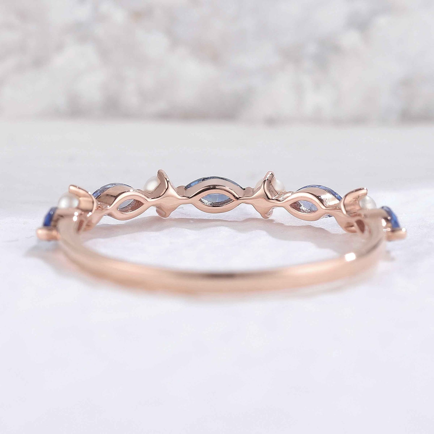 Marquise Cut Cornflower Sapphire Pearl Silver Stacking Ring