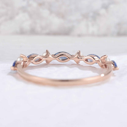 Marquise Cut Cornflower Sapphire Pearl Silver Stacking Ring
