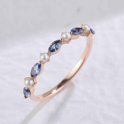 Marquise Cut Cornflower Sapphire Pearl Silver Stacking Ring