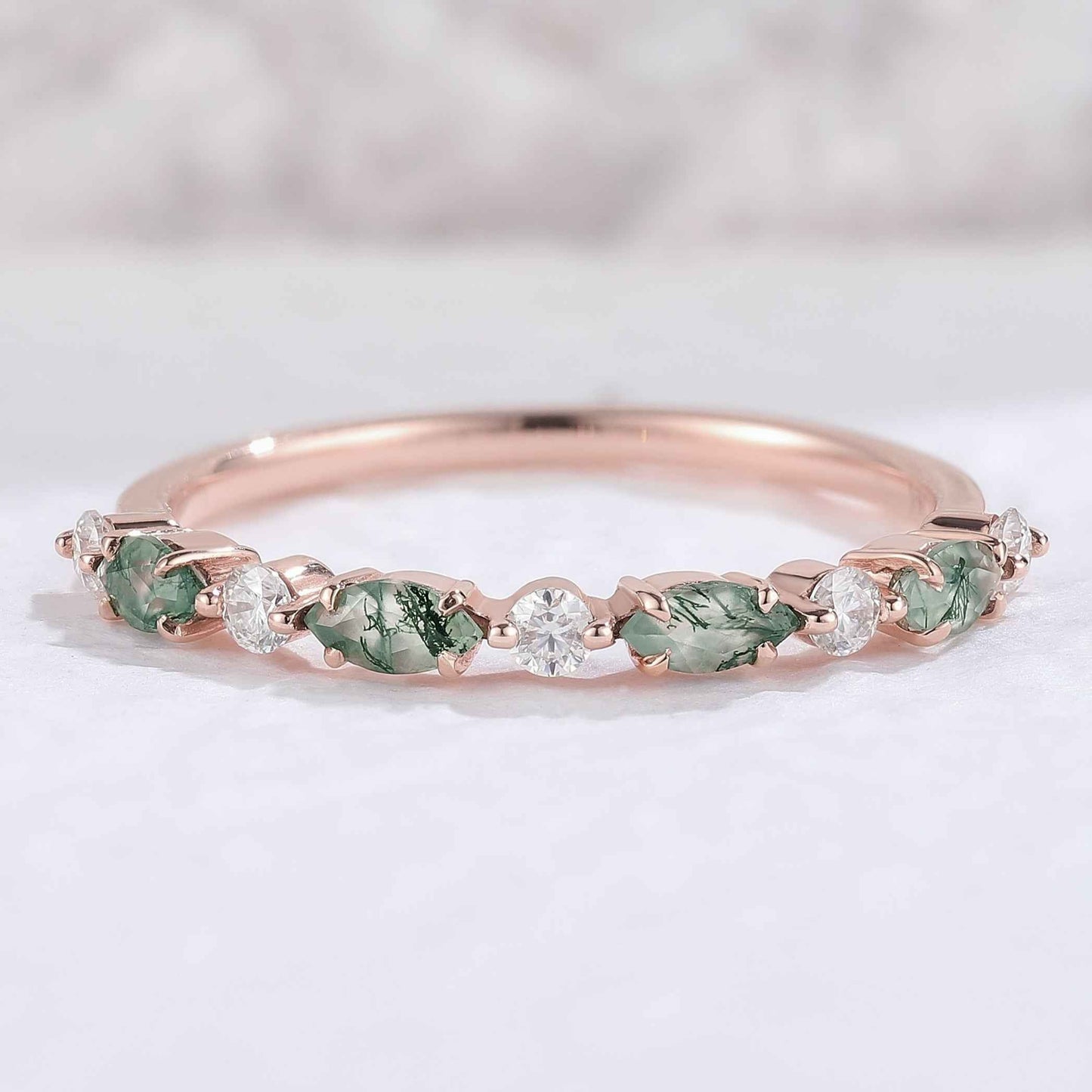 Marquise Cut Moss Agate Half Enternity Silver Stacking Ring