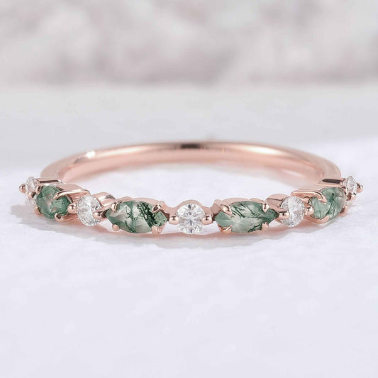 Marquise Cut Moss Agate Half Enternity Silver Stacking Ring