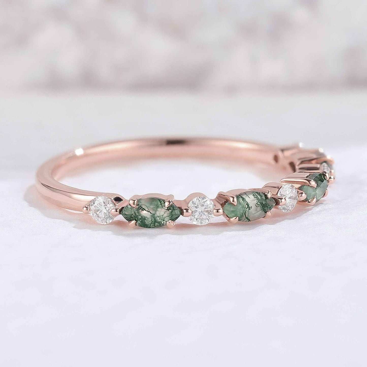 Marquise Cut Moss Agate Half Enternity Silver Stacking Ring