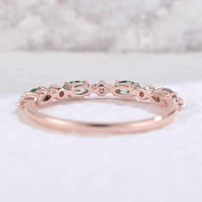 Marquise Cut Moss Agate Half Enternity Silver Stacking Ring