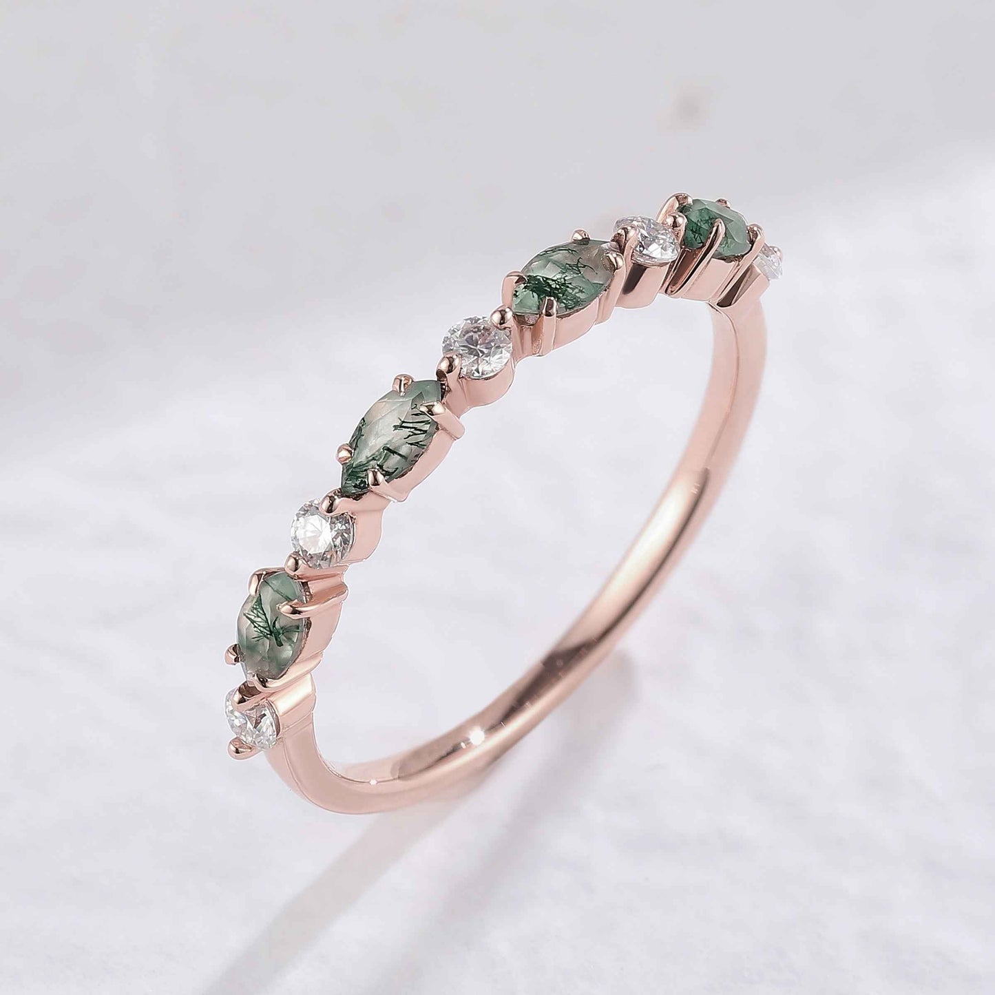 Marquise Cut Moss Agate Half Enternity Silver Stacking Ring