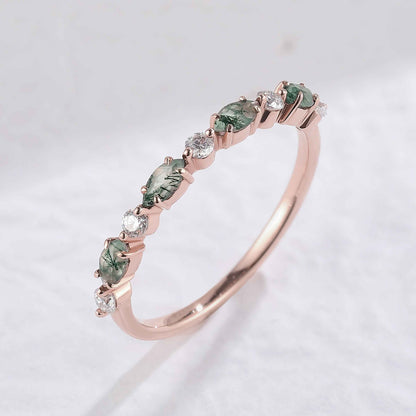Marquise Cut Moss Agate Half Enternity Silver Stacking Ring