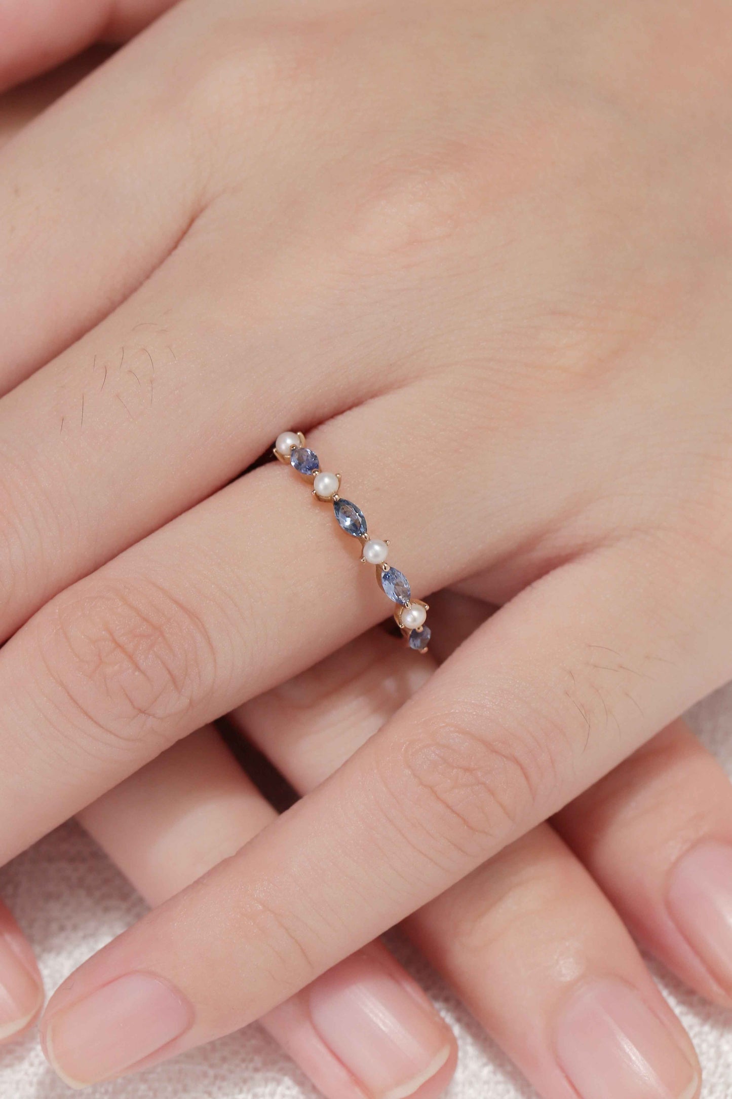 Marquise Cut Cornflower Sapphire Pearl Silver Stacking Ring
