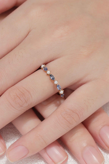 Marquise Cut Cornflower Sapphire Pearl Silver Stacking Ring