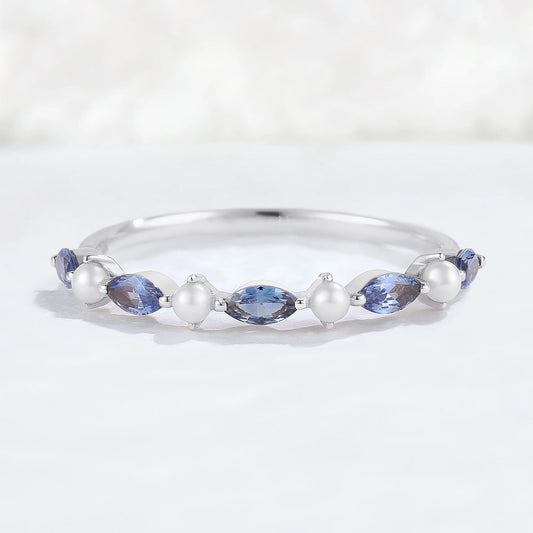 Marquise Cut Cornflower Sapphire Pearl Stacking Ring