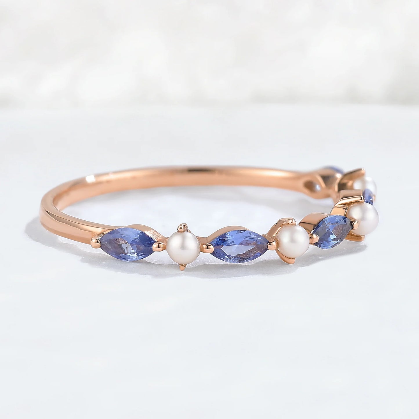 Marquise Cut Cornflower Sapphire Pearl Stacking Ring