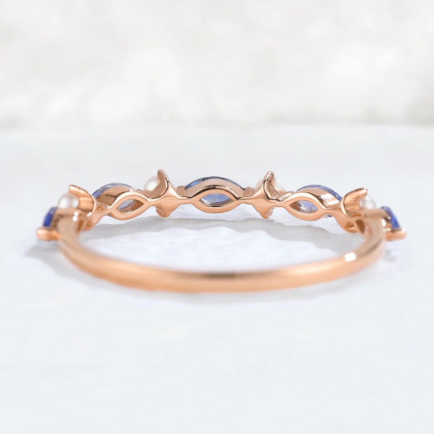Marquise Cut Cornflower Sapphire Pearl Stacking Ring
