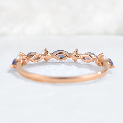 Marquise Cut Cornflower Sapphire Pearl Stacking Ring