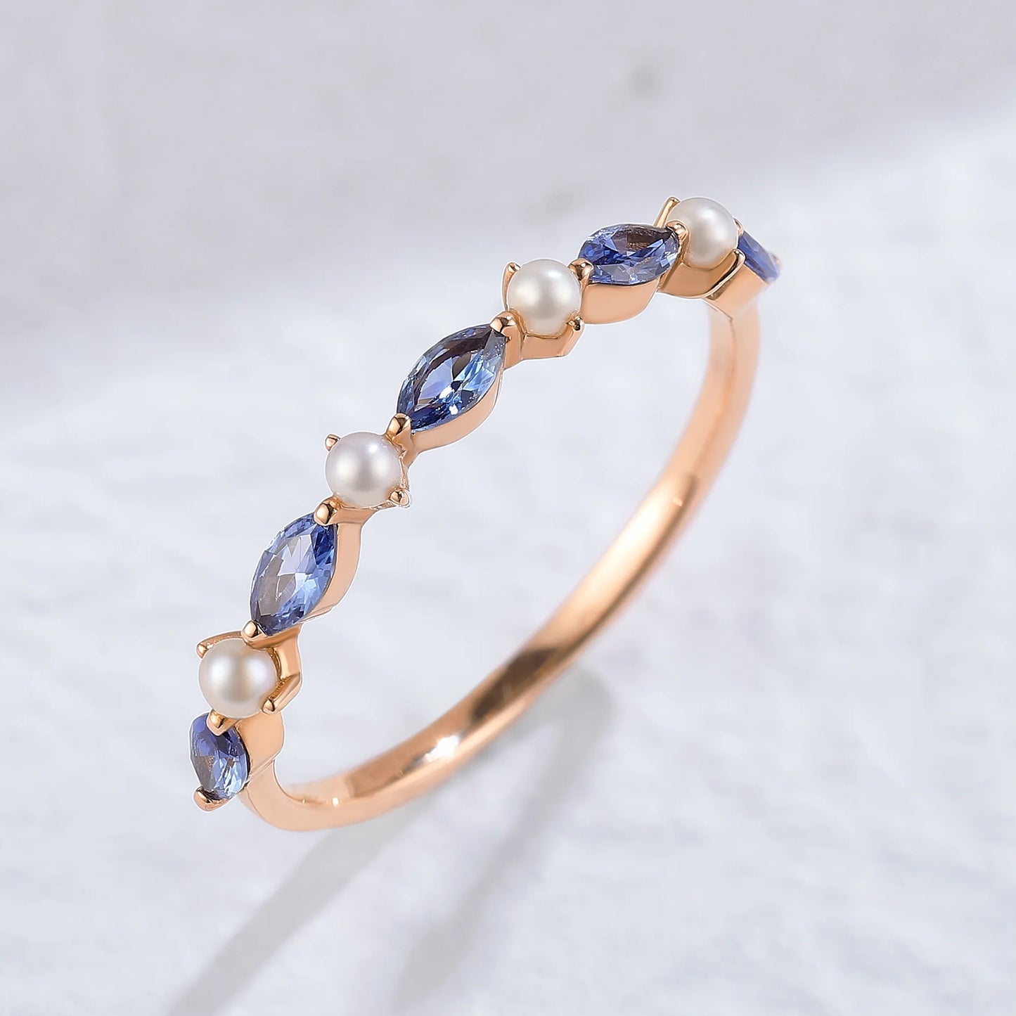 Marquise Cut Cornflower Sapphire Pearl Stacking Ring