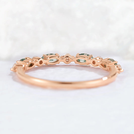 Marquise Cut Moss Agate Half Enternity Stacking Ring