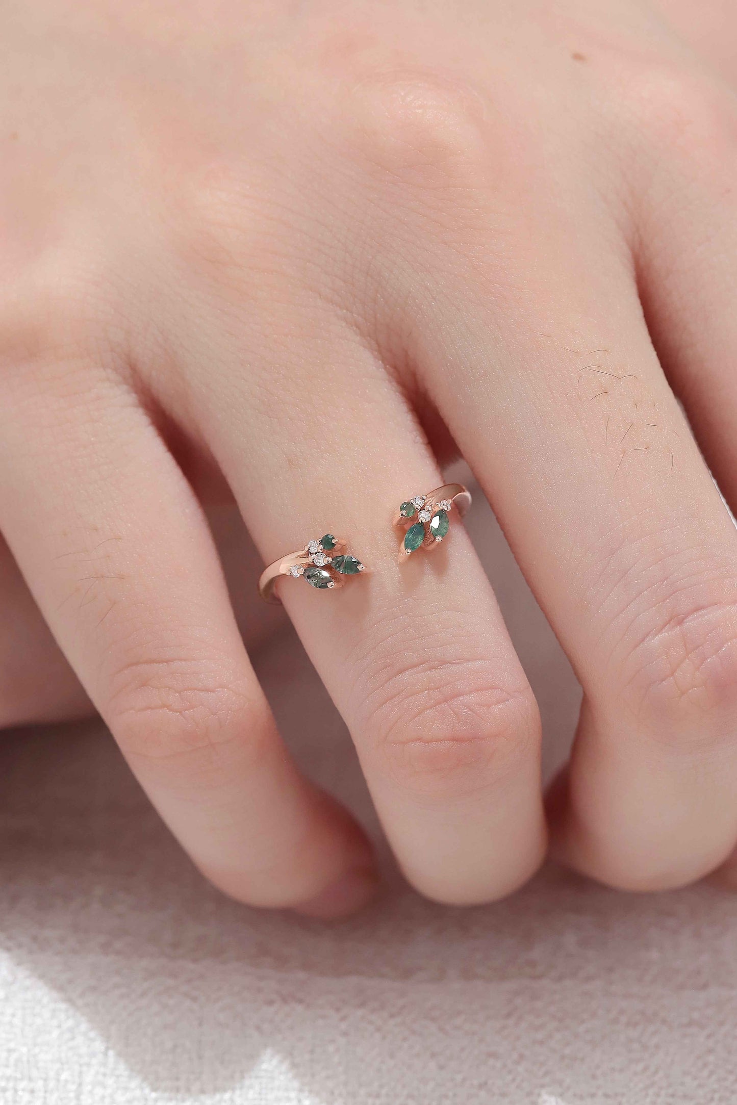 Marquise Cut Moss Agate Rose Gold Open Stacking Ring