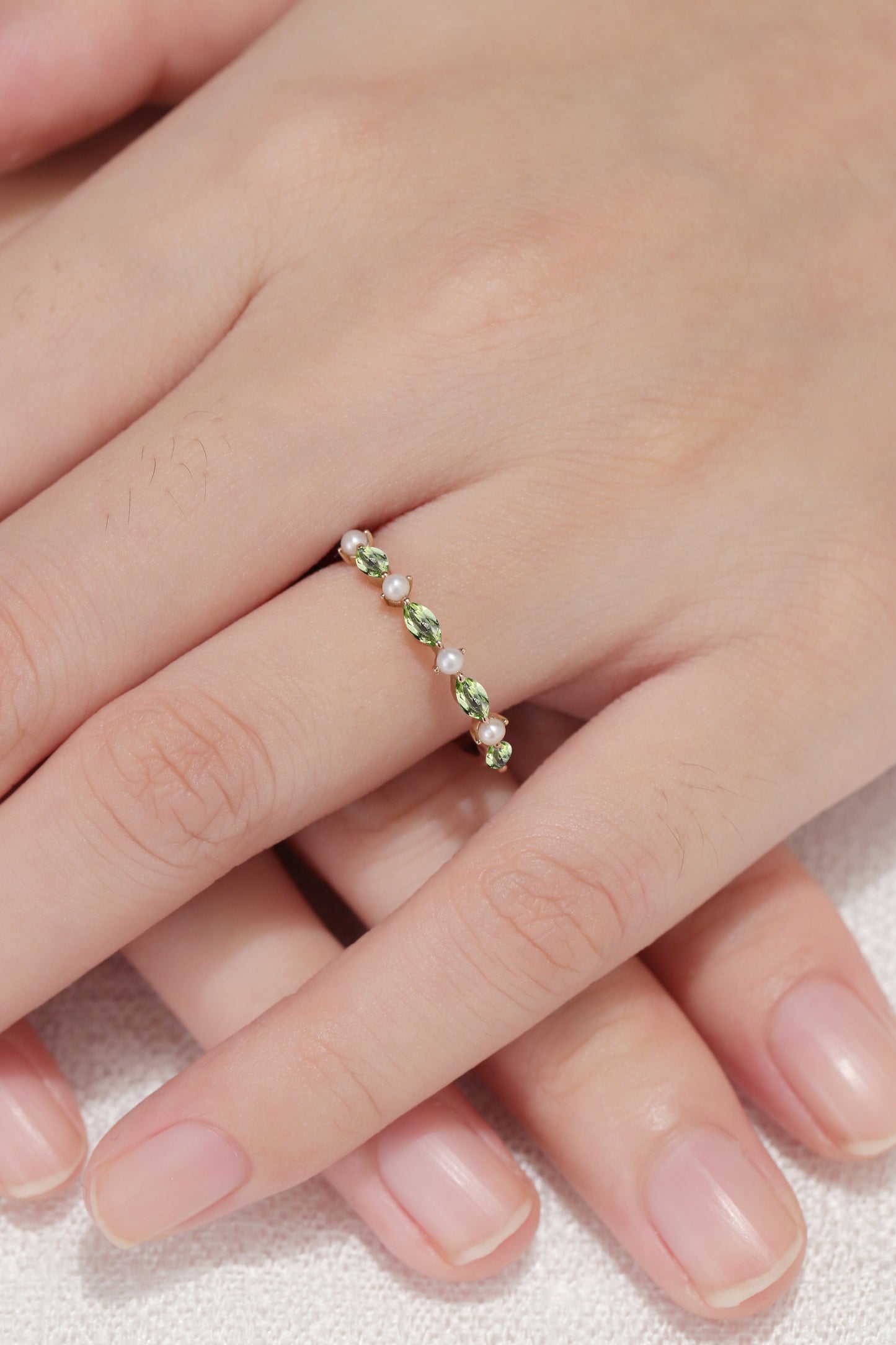 Simple Marquise Cut August Birthstone Peridot with Pearl Stacking Ring