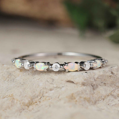 Marquise Cut Moss Agate Half Enternity Silver Stacking Ring