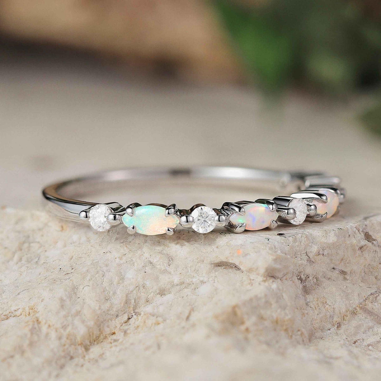 Marquise Cut Moss Agate Half Enternity Silver Stacking Ring