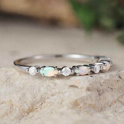 Marquise Cut Moss Agate Half Enternity Silver Stacking Ring
