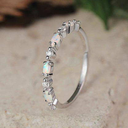 Marquise Cut Moss Agate Half Enternity Silver Stacking Ring