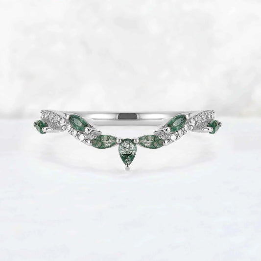 Marqusie Cut Moss Agate with Moissanite Curved Stacking Ring