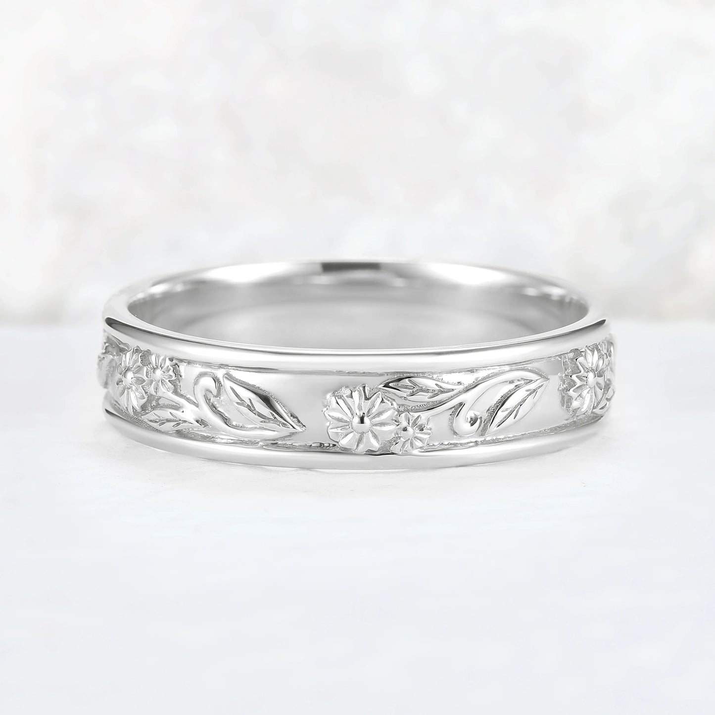 Mens 10K Yellow Gold Wedding Band with Hand-Engraved Flowers