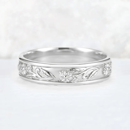 Mens 10K Yellow Gold Wedding Band with Hand-Engraved Flowers