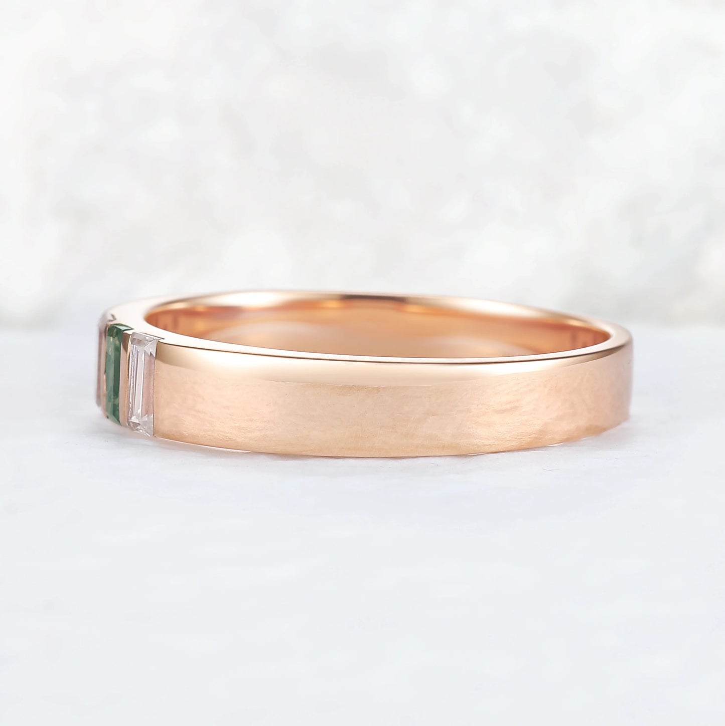 Mens Three Stones Wedding Band with Baguette Cut Moss Agate Inlay