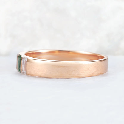 Mens Three Stones Wedding Band with Baguette Cut Moss Agate Inlay
