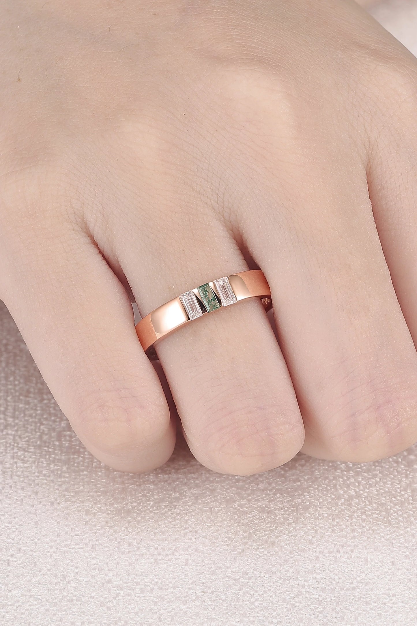 Mens Three Stones Wedding Band with Baguette Cut Moss Agate Inlay