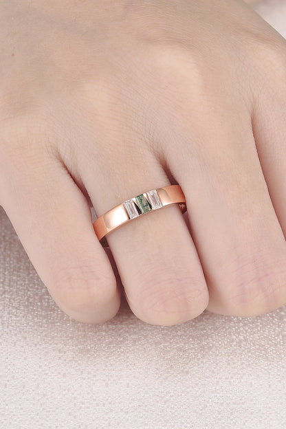 Mens Three Stones Wedding Band with Baguette Cut Moss Agate Inlay
