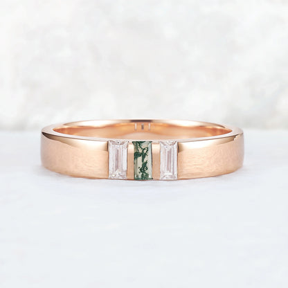 Mens Three Stones Wedding Band with Baguette Cut Moss Agate Inlay